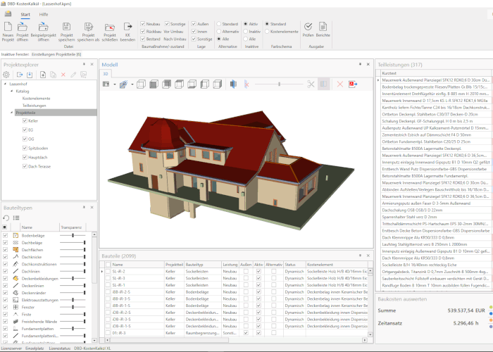 Auch bei der Modellierung anspruchsvoller Gebäudegeometrie und komplexer Dachformen ist DBD-KostenKalkül geeignet.