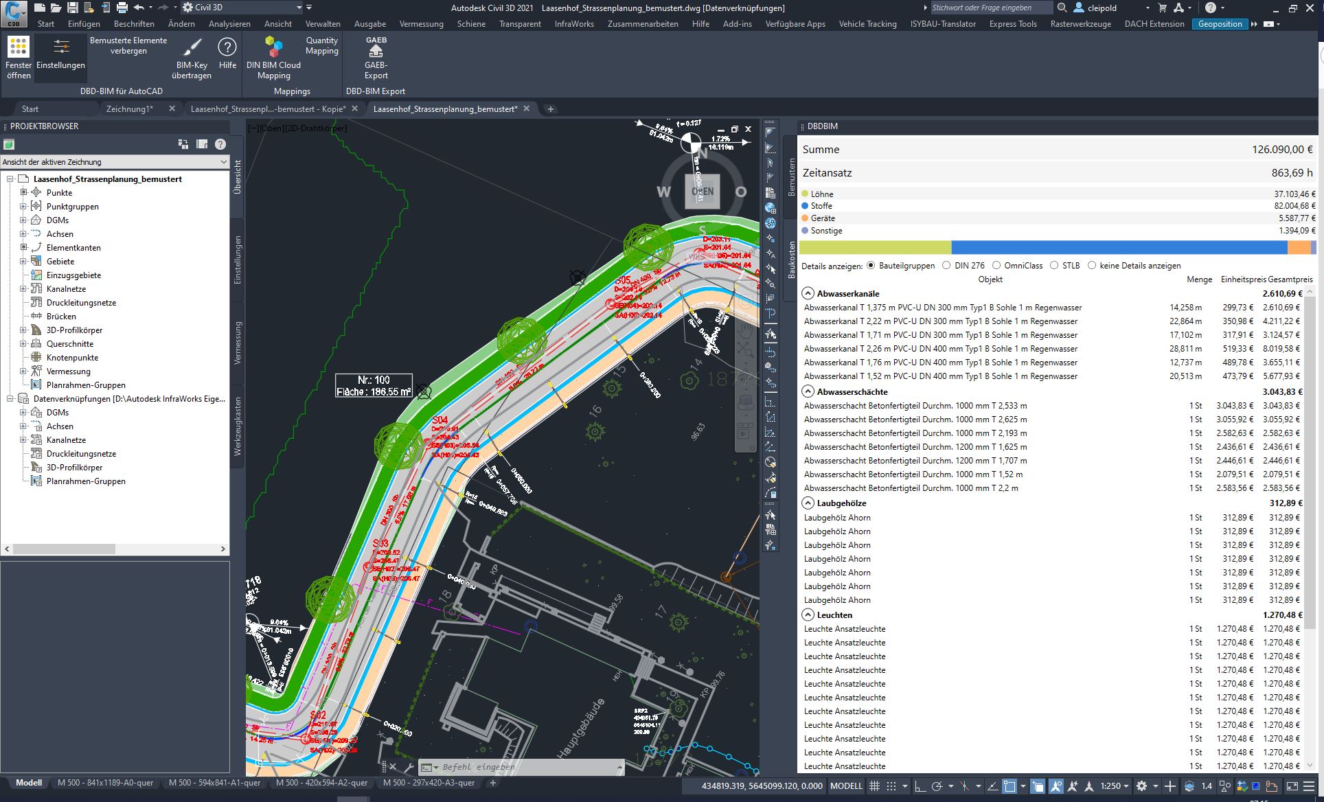 Mit DBD-BIM in Autodesk Civil 3D planen Sie Baukosten für Infrastruktur und Straße.